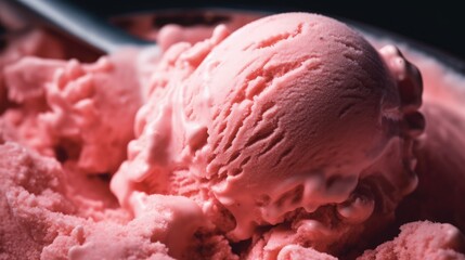 Strawberry ice cream scooped out of the container. Generative AI.