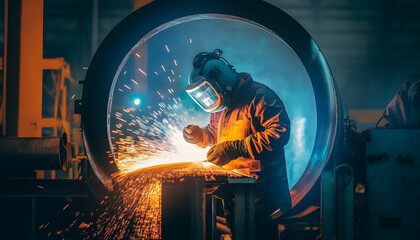 Worker welder with protective mask welding metal, light spark hot metal. Industry iron factory. Generation AI