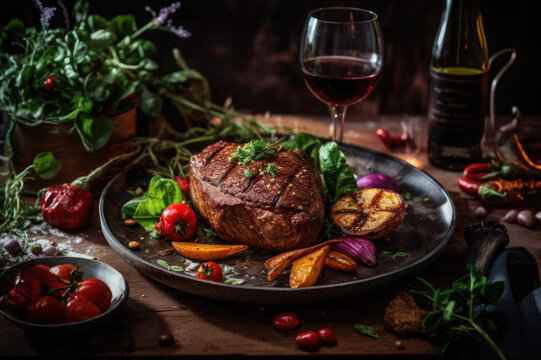 A mouthwatering, close-up shot of a sizzling, juicy steak or plant-based alternative, served with a side of perfectly roasted vegetables and a glass of red wine