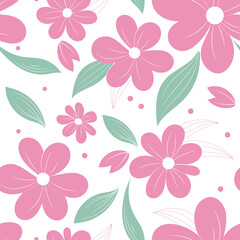Floral pattern on a white background, featuring a variety of spring pink flowers. Ideal for adding a touch of freshness to your design projects.