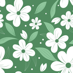Fototapeta na wymiar Green seamless floral pattern with white flowers.