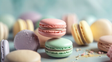 Obraz premium Cake macaron or macaroon on pastel background from above, colorful almond cookies, pastel colors, vintage card, top view. Generative Ai