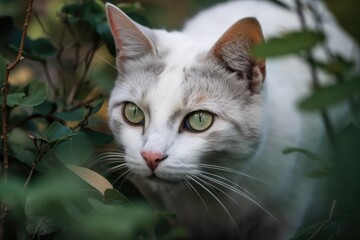 Naklejka na ściany i meble Gorgeous cat peering from the bushes. Generative AI