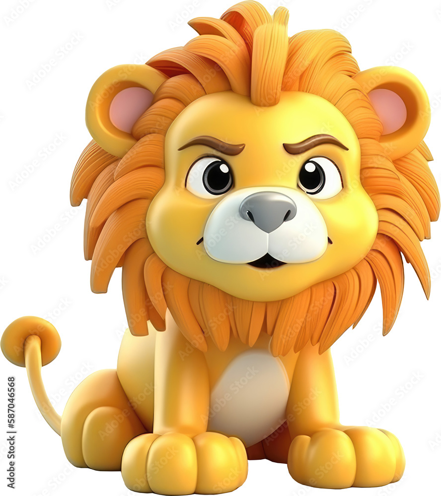 Canvas Prints 3D super cute lion cartoon wild animal, transparent background, PNG. Generative AI