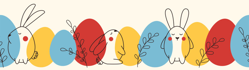 Happy Easter modern and colorful seamless pattern. Vector template for a banner, poster or flyer. Design with Easter eggs, bunnies, leaves