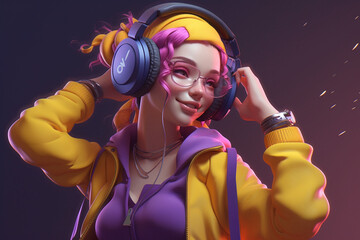 Cool smiling girl listening a music with headphones and glasses in hip-hop wear. Fun and dancing female. Purple and yellow. AI generated art