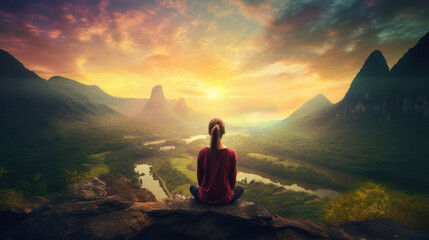 woman doing yoga on mountains. metitation and contemplation. generative ai