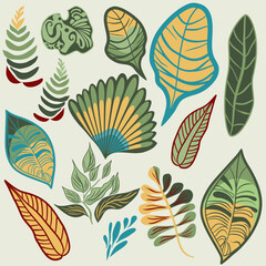 Set of tropical plants and leaves in flat technique vector illustration 