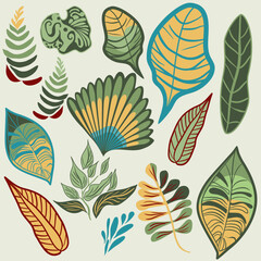 Fototapeta premium Set of tropical plants and leaves in flat technique vector illustration 