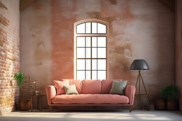  a living room with a pink couch and a lamp on a table in front of a brick wall and a window with a large pane.  generative ai