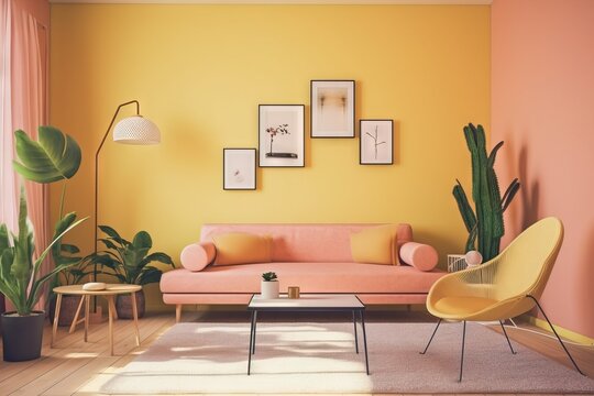 a living room with a pink couch and a yellow chair and a yellow wall with pictures on the wall and a coffee table with a plant.  generative ai