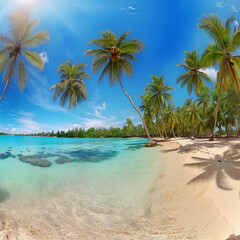 Fototapeta na wymiar Beach panorama with blue water and palm trees, nature, sea & ocean, Generative AI