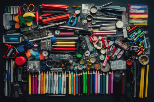 Knolling von Bleistiften, Buntstifen, Radiergummies, B&uuml;roklammern, tipp-ex, b&uuml;romaterial, clips, minen, farben, generative ai
