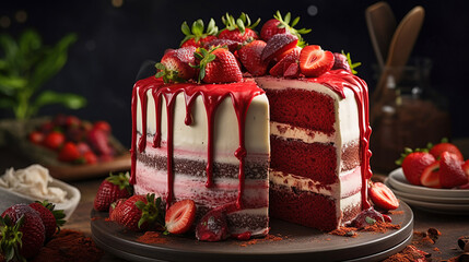 Red velvet cake with fresh strawberries. Generative Ai