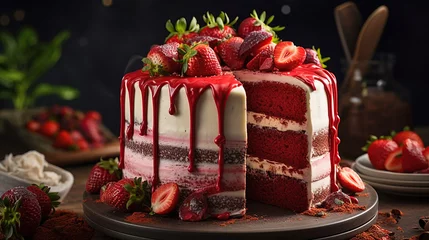 Fotobehang Red velvet cake with fresh strawberries. Generative Ai © vectorizer88