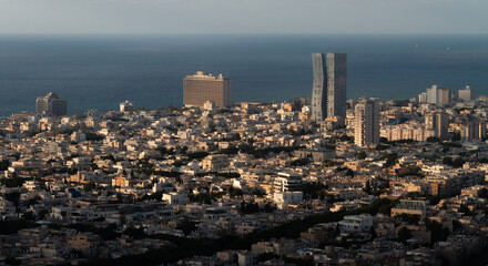 Tel Aviv sunset view, seacoast, aerial panorama