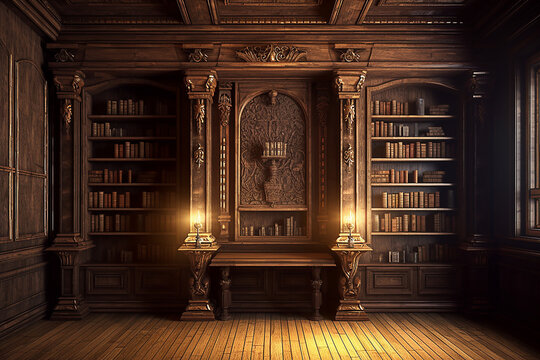 Cenário de estante de madeira antiga para biblioteca de estudo