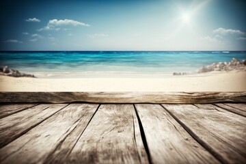 Fototapeta premium Empty wooden table with blue sea and sand beach background. Generative Ai
