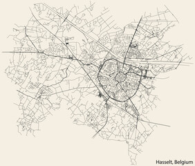 Detailed hand-drawn navigational urban street roads map of the Belgian city of HASSELT, BELGIUM with solid road lines and name tag on vintage background