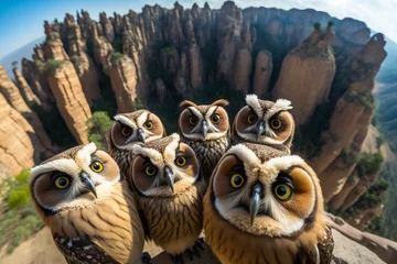 Wall murals Owl Cartoons Macrophotography selfie of a group of owls huddled together taking a group selfie on top of mountains, generative ai