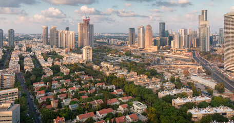 Tel Aviv and Ramat Gan top panorama. Dormitory quaters and new skyscrapers