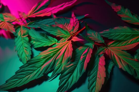  a group of green and red leaves on a blue surface with pink and green lighting behind them and a pink and green background behind it.  generative ai