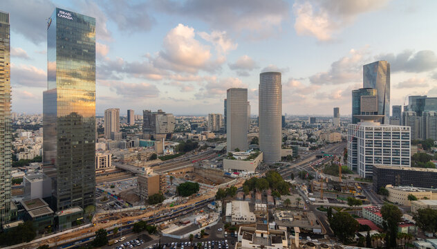 Tel Aviv-Yafo, Israel - September 23, 2020: Tel Aviv aerial panorama. Modern glass skyscrapers © Алексей Голубев