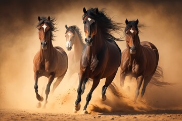 A group of horses running in the sand, generative ai