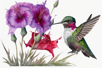 Painting of hummingbird and flowers, isolated on white background. Generative Ai