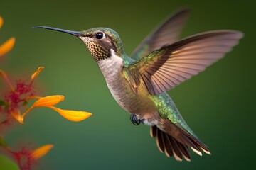 Naklejka na ściany i meble Close up photo of hummingbird flying on green background, generative ai