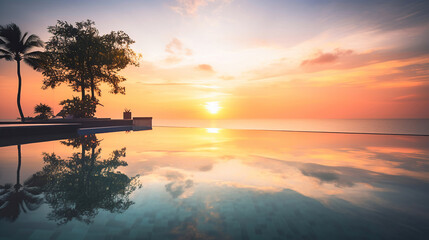 Obraz premium Beautiful poolside and sunset sky with palm trees. Generative Ai