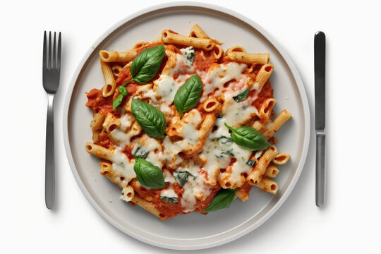 Baked Ziti On Plate, White Background. Generative AI