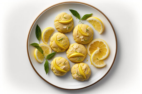 Lemon Ricotta Cookies On Plate, White Background. Generative AI