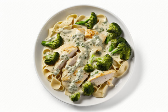 Low Carb Chicken And Broccoli Alfredo On Plate, White Background. Generative AI