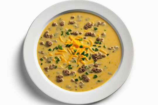Low Carb Cheeseburger Soup On Plate, White Background. Generative AI