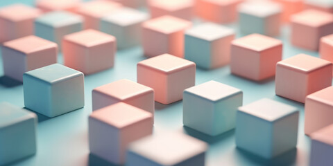 scène abstraite minimaliste avec des formes cubiques pastel rosées, orangées et bleues