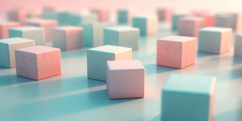 scène abstraite minimaliste avec des formes cubiques pastel rosées, orangées et bleues - obrazy, fototapety, plakaty