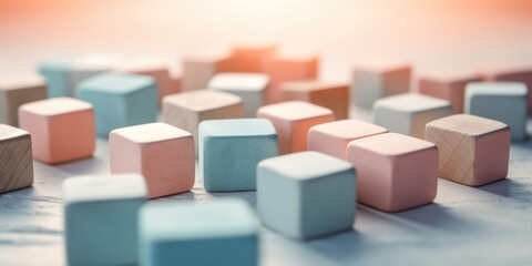 scène abstraite minimaliste avec des formes cubiques pastel rosées, orangées et bleues