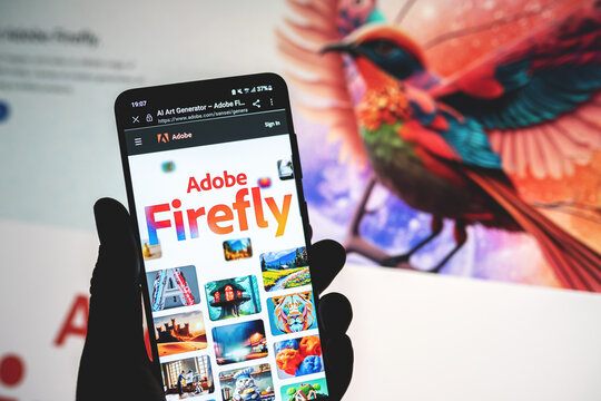 Adobe Firefly Website seen on phone screen. Adobe announced the beta launch of its AI Art Generator tool. Swansea, UK - March 30, 2023.