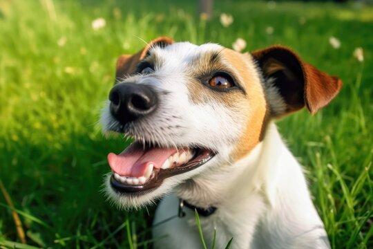 actively joyful The Jack Russell Terrier is relaxing on the lawn. close up of a dog's face and eyes. Generative AI
