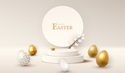 Happy Easter with cylinder display podium background. Stage with gold eggs catkins. Festive spring 3D composition with bunny ears. Studio with white backdrop. Modern creative vector illustration.