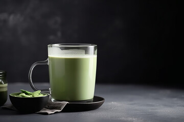 Matcha chá verde com leite em um copo em fundo cinza. Bebida vegana saudável com leite vegetal. Copiar espaço - obrazy, fototapety, plakaty