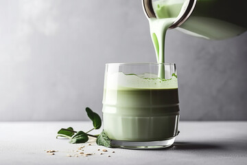 Matcha chá verde com leite em um copo em fundo cinza. Bebida vegana saudável com leite vegetal. Copiar espaço - obrazy, fototapety, plakaty