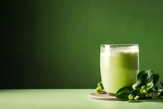Matcha chá verde com leite em um copo em fundo .Bebida vegana saudável com leite vegetal. Copiar espaço