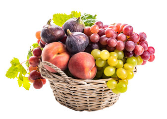 PNG. Basket with ripe grapes, peaches and figs.