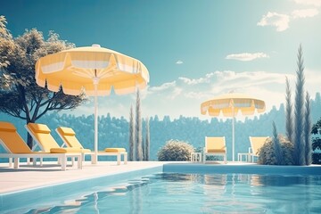 Relaxing Poolside Scene with Chairs and Umbrellas. Generative AI