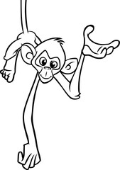 Cartoon funny monkey chimpanzee hanging upside down on a tree branch outlined. Vector illustration of happy monkey character for coloring book. Black and white contours animal