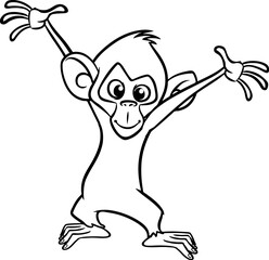 Cartoon funny monkey chimpanzee outlined. Vector illustration of happy monkey character for coloring book. Black and white contours animal