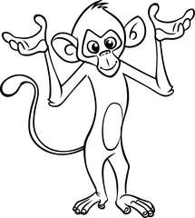 Cartoon funny monkey chimpanzee outlined. Vector illustration of happy monkey character for coloring book. Black and white contours animal