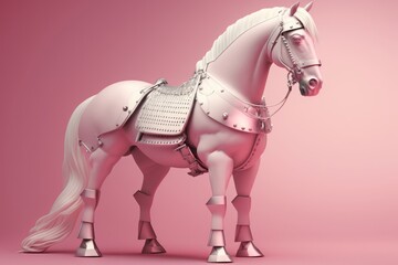 pink horse with white armor on pastel pink background, generative ai